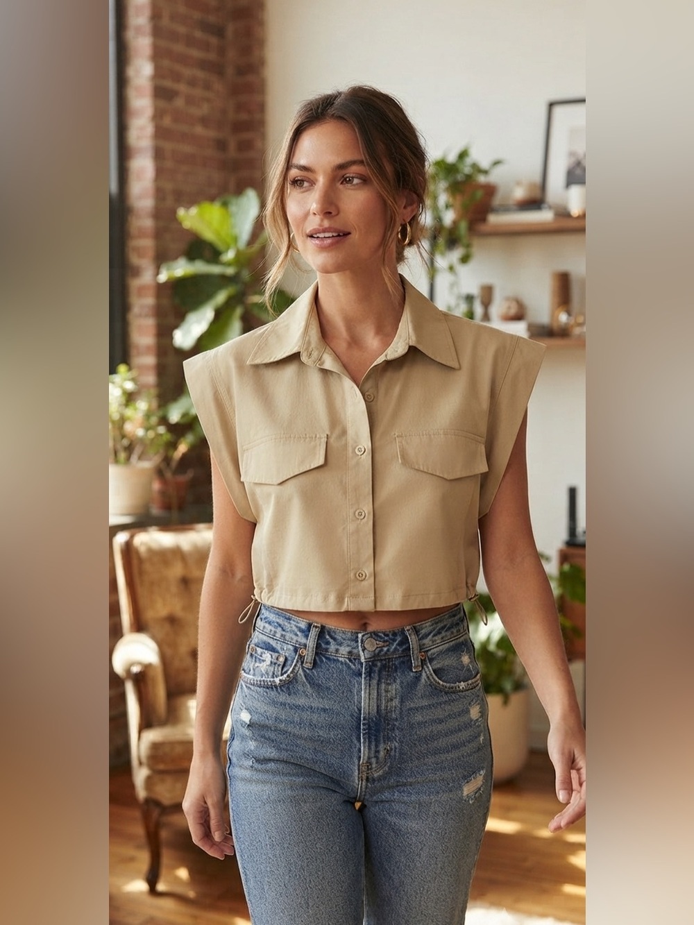 Spoon Jeans Light Green Crop Top Sz L Button Up Drawstring Collar Chest Pockets